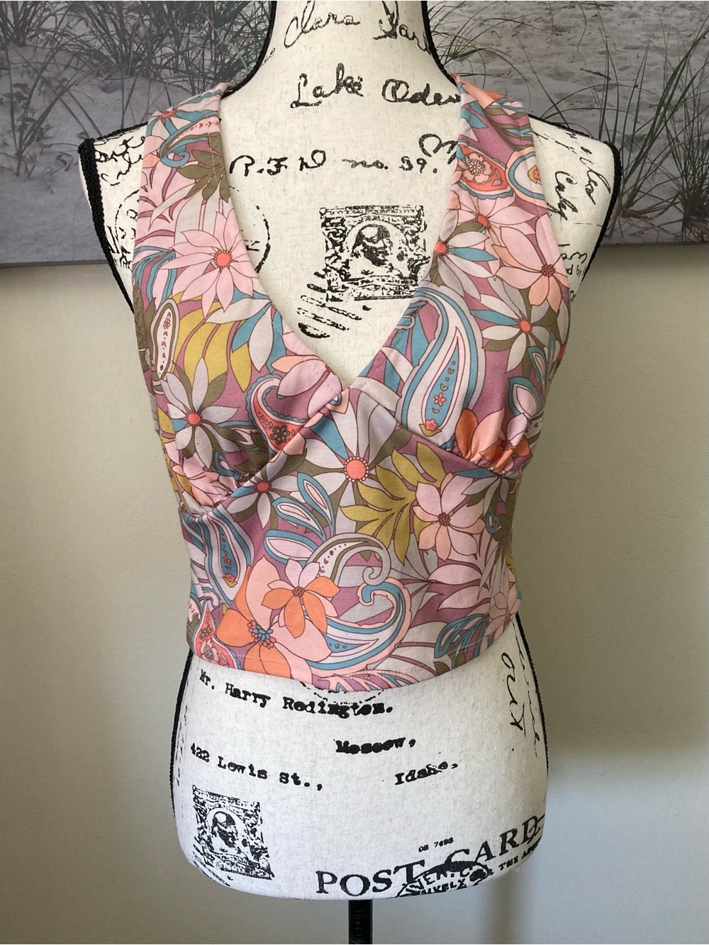Altar'd State retro pink multi floral paisley halter crop top,  size large